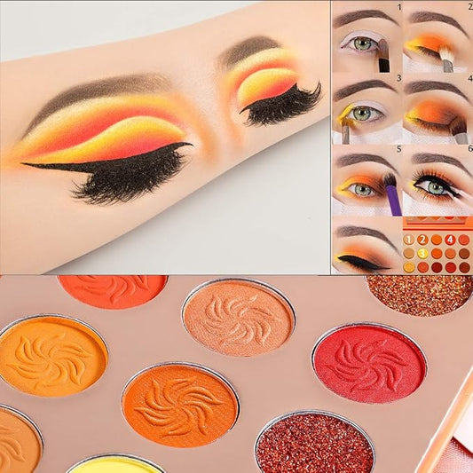 Afflano Red Orange Eyeshadow Palette Sunset 15 Color, Highly Pigmented Glam Fall Eye Shadow Makeup Palettes, Nudetude Brown Yellow Gold Orange Matte Glitter Shimmer Warm Eyeshadow Pallet