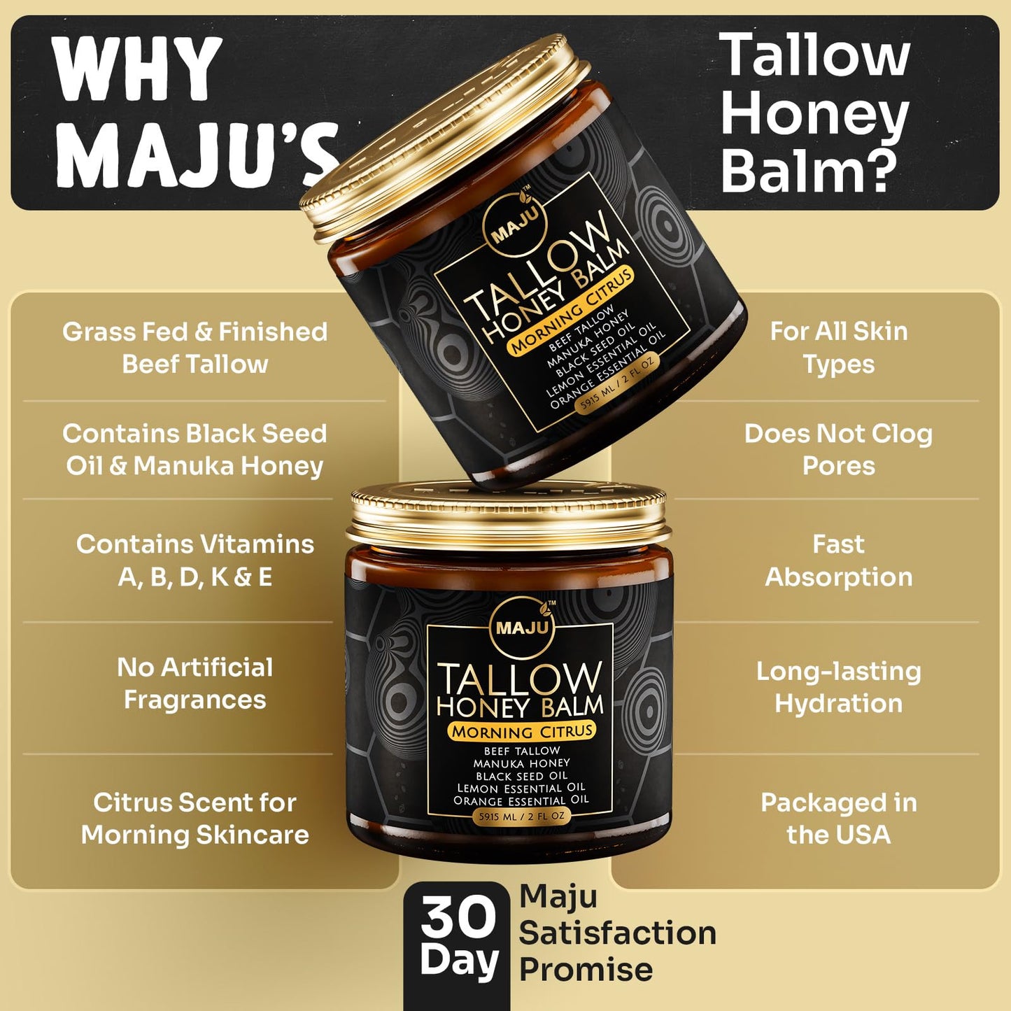 MAJU Tallow Honey Balm, Morning Citrus (2 oz), Grass Fed Beef Tallow for Skin with Organic Black Seed Oil, Manuka Honey and Organic Beeswax, Skin and Face Moisturizer for Deep Hydration