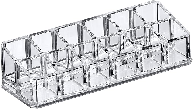 Amazing Abby - Glamour - 12-Slot Acrylic Lipstick Organizer, Lipstick Holder, Lip Gloss Holder, Cosmetic Storage Display, Perfect Storage Solution for Drawer and Vanity (Slot Size: 0.9" x 0.9")