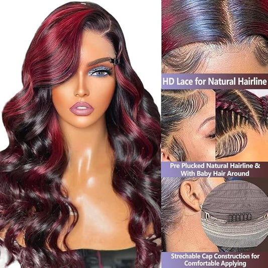 Skunk Stripe Wig Red With Black Highlights Body Wave Lace Front Wig Human Hair 13X4 HD Lace Front Wig Burgundy Colored Body Wave Wigs Pre Plucked With Baby Hair 150% Density Natural Hairline 16inch