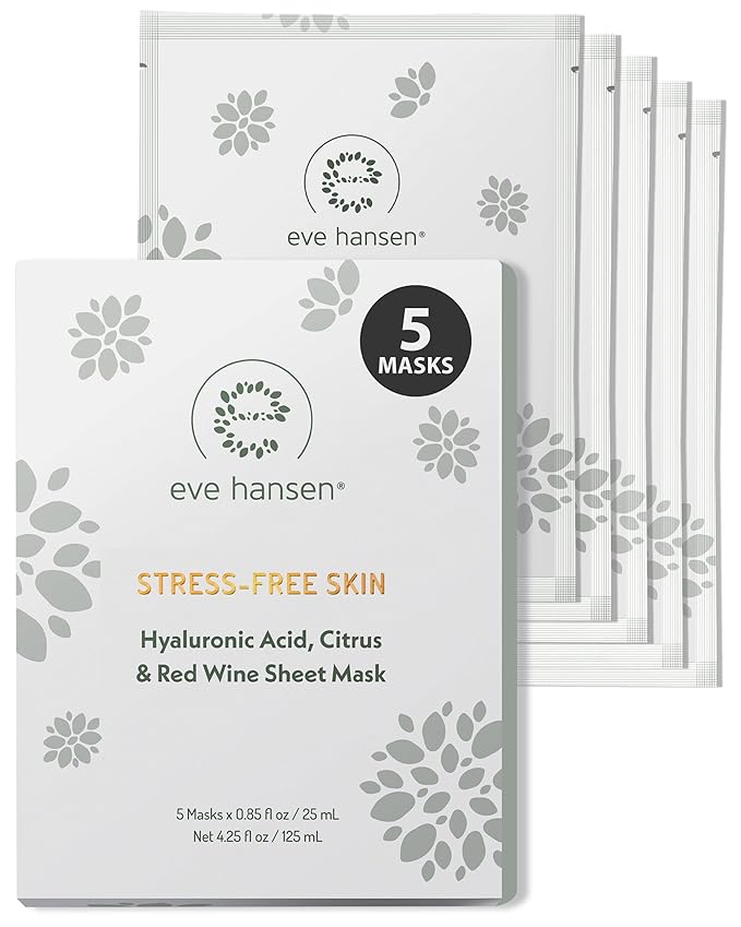 Eve Hansen Collagen Face Mask Sheets Set of 5 β Hydrating & Nourishing Care for All Skin Types β With Hyaluronic Acid, Tangerine Peel, Blueberry Extract & Spinach Leaf