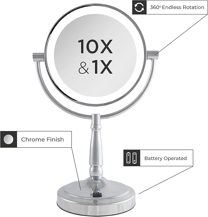 Zadro 9" Round LED Makeup Mirror with Lights and Magnification 5&10X/1X AA Battery Operated Swivel Lighted Makeup Mirror