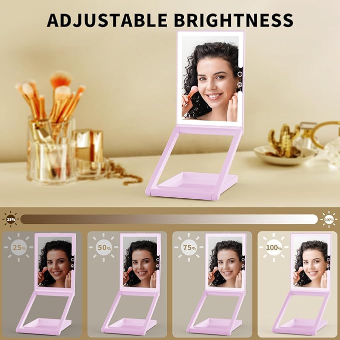 OLIBUY Travel Makeup Mirror with 10X Magnifying Mirror, Height and Angle Adjustable Folding Lighted Makeup Vanity Mirror, Rechargeable 3 Color Illumination LED Mirror, Travel Essential