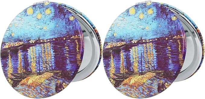 Pocket Mirror, 2 Pcs Round 2.8” PU OilPainting Style Double Sided 1X/3X Purse Compact Mirrors (OilPainting02)
