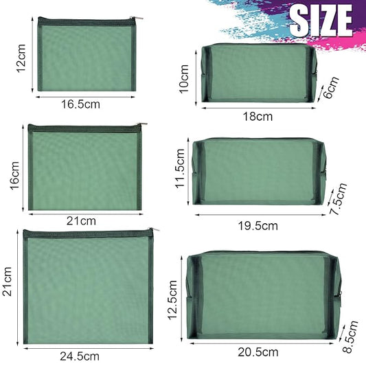 6 Pieces Mesh Makeup Bags Mesh Cosmetic Bag Portable Travel Organizing Zipper Pouch Toiletries Makeup Pouches for Home Office Travel Accessories (Green)