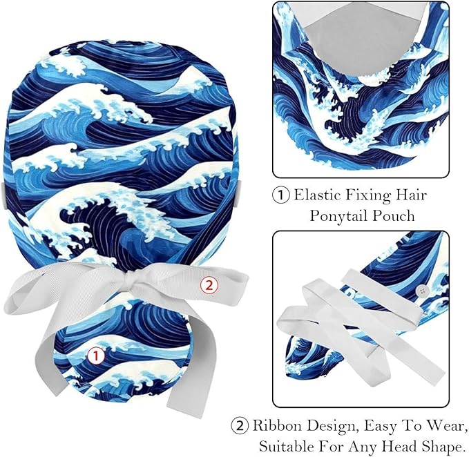 2 PCS Bouffant Cap with Button Ponytail Pouch Working Cap Sweatband Adjustable Surgical Cap Black and White Cow