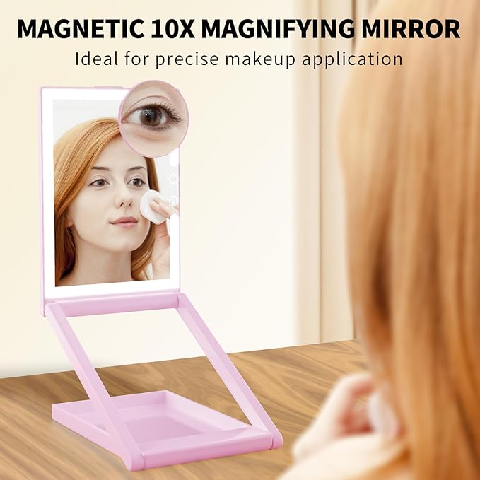 OLIBUY Travel Makeup Mirror with 10X Magnifying Mirror, Height and Angle Adjustable Folding Lighted Makeup Vanity Mirror, Rechargeable 3 Color Illumination LED Mirror, Travel Essential
