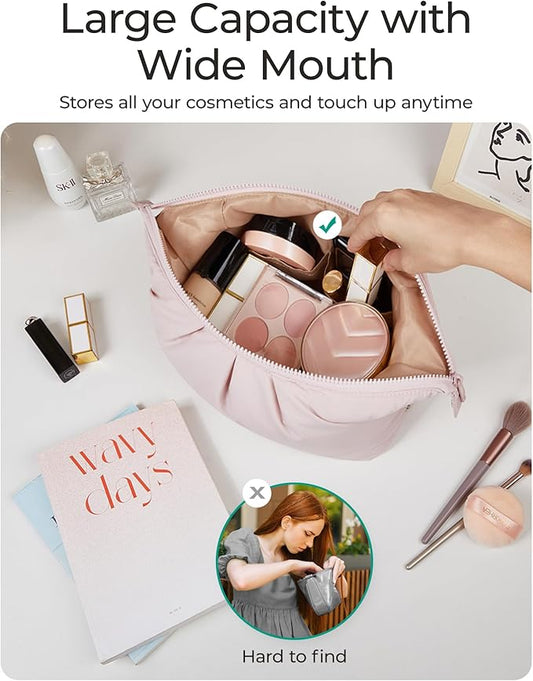 BAGSMART Makeup Bag Travel Makeup Bag, Cute Make Up Bag, Large Capacity Cosmetic Bags for Women, Wide-open Makeup Pouch Travel Essentials Toiletries Accessories Brushes (Nude Pink)