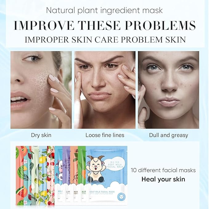 20 Sheets Face Masks Skincare for All Skin Types, Hydrating Facial Masks, Watermelon, Aloe Vera, Peach, Oil Contral Moisture Face sheet Masks for Sensitive Skin, Facial Mask for Women