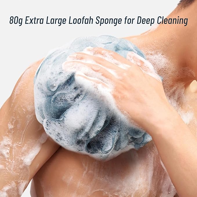 6-Pack 80g Shower Loofah for Men – Extra-Large Body Sponge with Triple-Tied Knots, High-Density Mesh, Rich Lather, Durable Exfoliating Pouf (Blue)