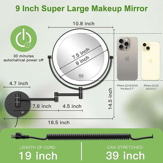 Anfauny 9 Inch Wall Mounted Lighted Makeup Mirror, Double Sided 1X/10X Magnifying LED Vanity with 3 Color Lights and Stepless Dimming, 360Β°Swivel Extendable Cosmetic for Bathroom- Black