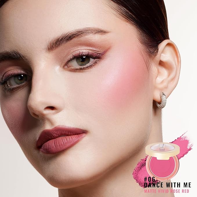 Oulac Hot Pink Blush Makeup| Highly Pigmented Powder Blush| Natural Matte| Shape & Highlight Face| Cruelty-Free Blush with Rose Oil| 06 Dance with me 4.8g