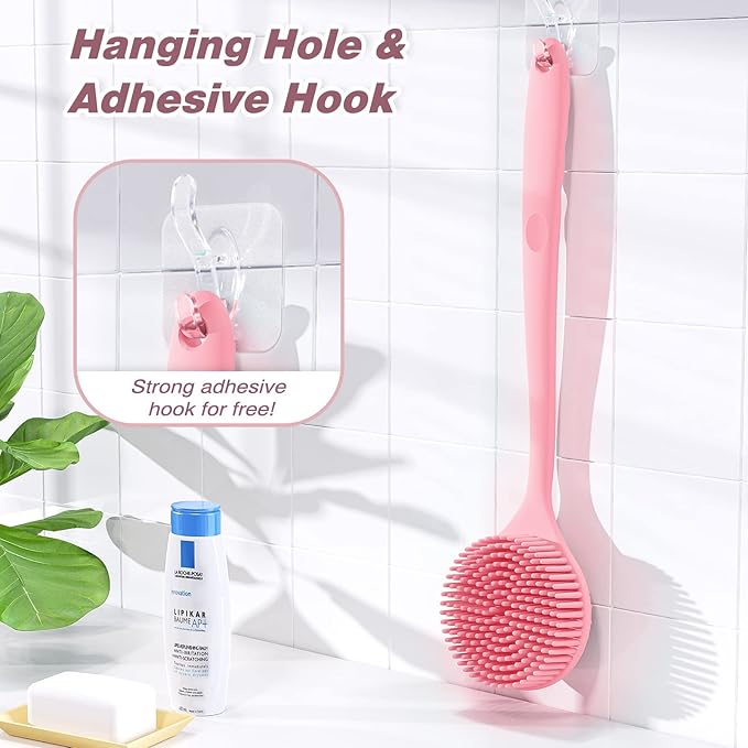 Manmihealth Silicone Back Scrubber for Shower(Thick Bristles), Body Scrubber with 15'' Long Handle, Light & Easy-to-Hold Shower Brush for Skin Exfoliating and Massaging, Not Good in Lathering.(Pink)