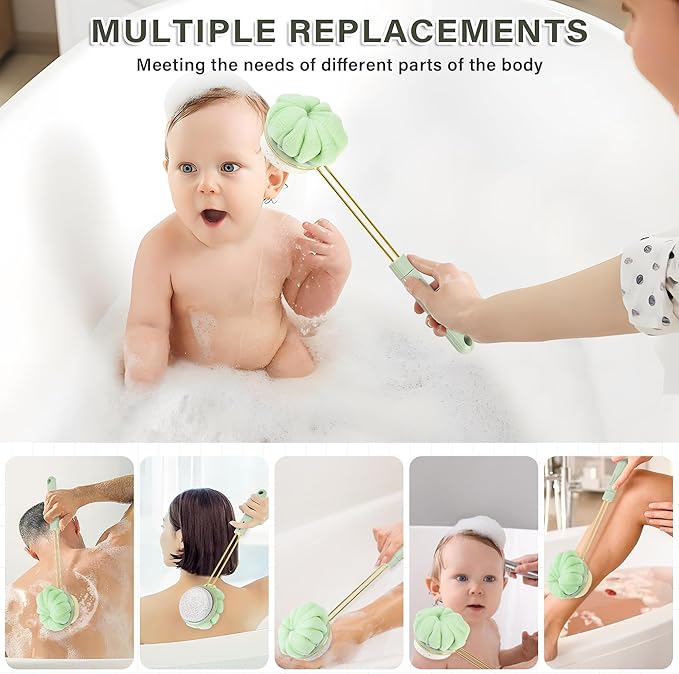 Premium Bath Brush | Double-Sided Availability|Shower Ball, Shower Ball, Pumice and Natural Sponge Heads | Effortless Full-Body Cleanse | Extra Long, Comfort-Grip Handle (Green)