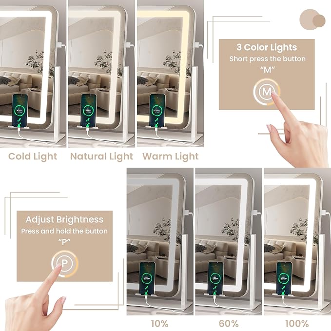 Dripex Vanity Mirror with Lights 24.5"x20" Large Makeup Mirror with Lights USB Charging Smart Touch 3 Colors Dimmable LED Lighted Makeup with Mirror 10X Magnification Phone Holder for Vanity Desk