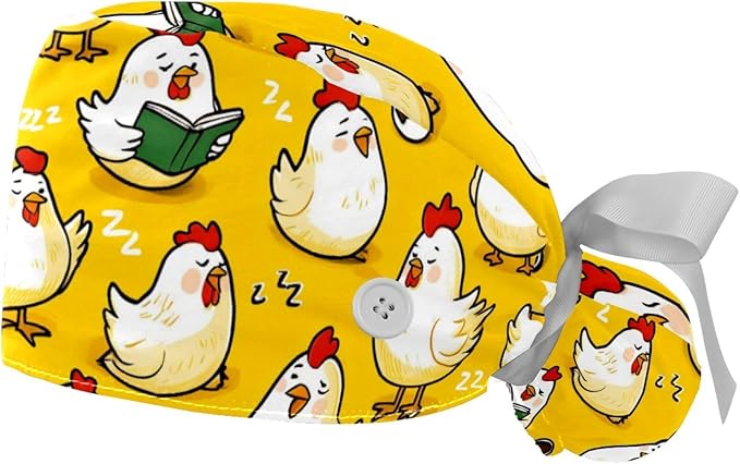 2 PCS Bouffant Cap with Button Ponytail Pouch Working Cap Sweatband Adjustable Surgical Cap Black and White Cow