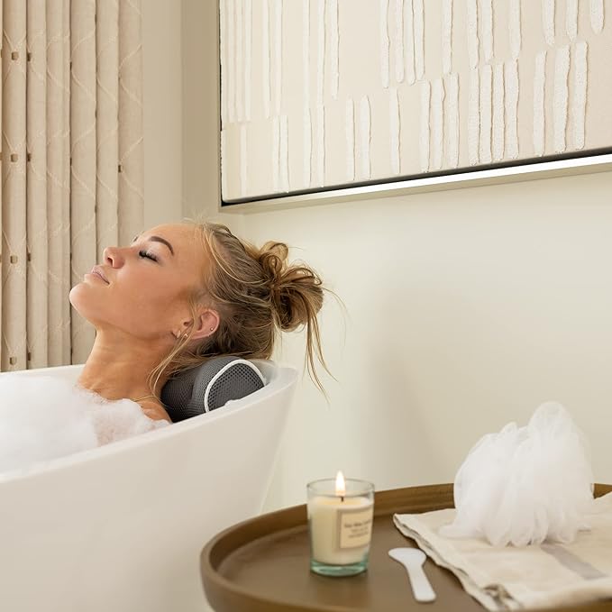 SunSerenity Luxury Bath Pillow - Relaxing Tub Accessory for Head and Back, Unscented Candle, Sponge Loofah, Laundry Bag, & Suction Tool (White on Grey)