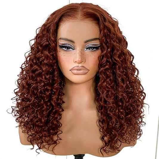 Reddish Brown HD Lace Curly Wig Wear And Go Glueless Wig Pre-Plucked Synthetic Lace Frontal Wig 13x6 Kinky Afro Curly With Layer 18 Inch