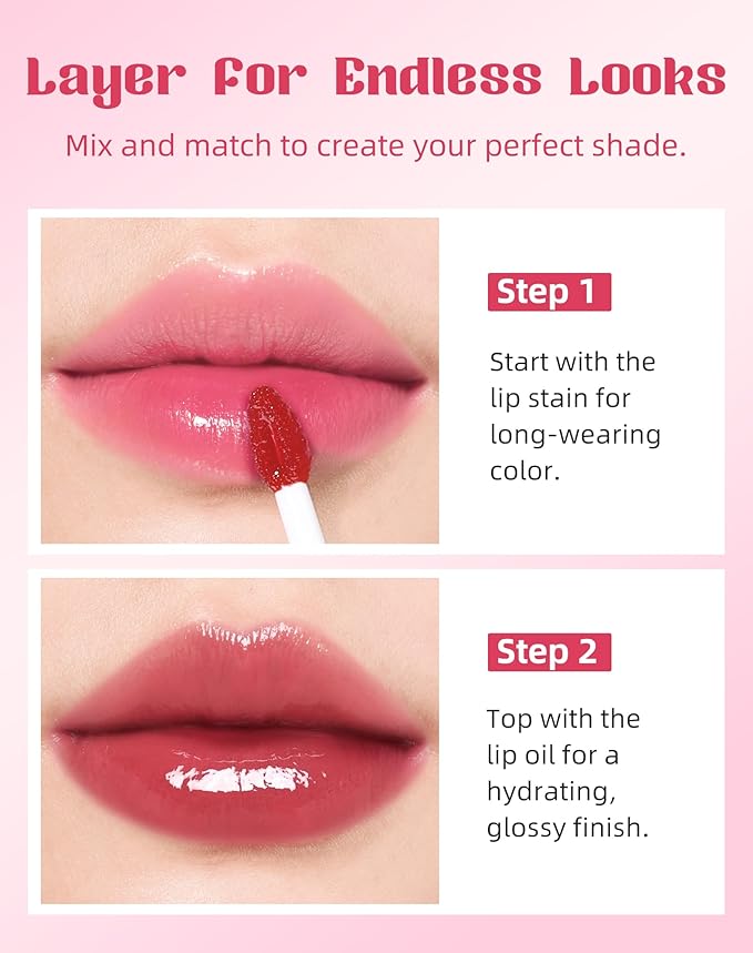 Tinted Lip Oil & Lip Stain Set, Korean Makeup, Smudge-Proof,Long-Wearing, 2-in-1 Cheek and Lip Tint with Moisturizing, High-Shine, Lightweight & Non-Sticky for Dry Lips, Cruelty-Free & Vegan