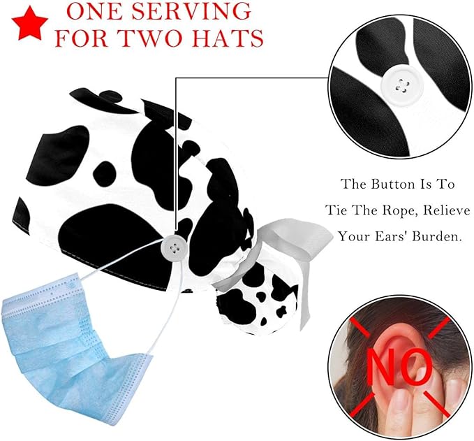 2 PCS Bouffant Cap with Button Ponytail Pouch Working Cap Sweatband Adjustable Surgical Cap Black and White Cow