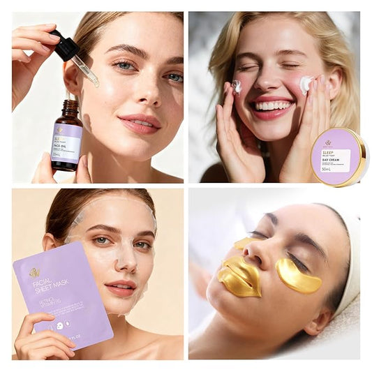 Lavender 23 Pcs Facial Skin Care Set, Luxury Bath and Body Gifts for Women, Spa & Self-Care Gifts, Peptide Sheet Mask, Eye Mask, Present, Birthday, Christmas, Valentines, Mother Day, Bridal Shower