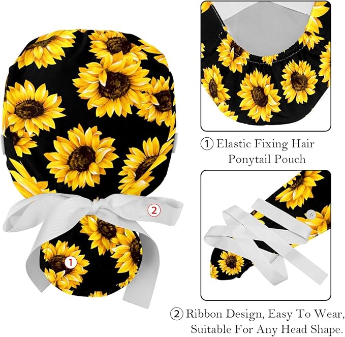 2 PCS Bouffant Cap with Button Ponytail Pouch Working Cap Sweatband Adjustable Surgical Cap Black and White Cow