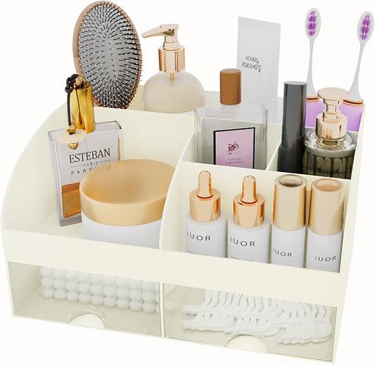 Makeup Organizer with Drawers, Cosmetic Storage for Dresser Vanity and Bathroom Countertop, Beauty Holder for Lipstick Brush, Skincare Organizer for Vanity, Cosmetic Display Case (Ivory)