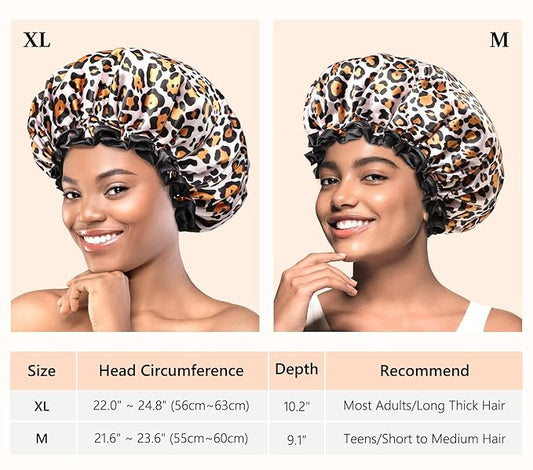 mikimini Medium Shower Cap for Girls and Women,Leopard Stylish Shower Caps with Black Lace,Reusable Waterproof Bathing Shower Hat for Girls