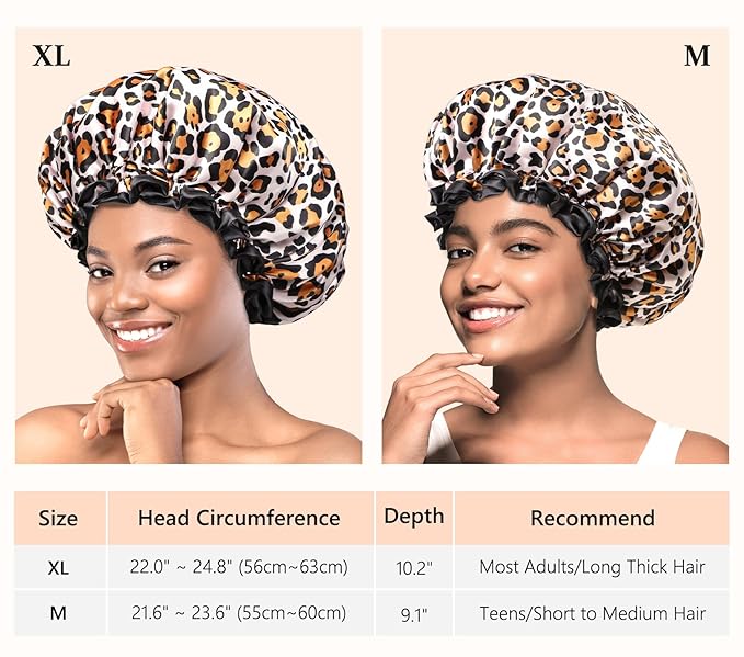 mikimini Leopard Large Shower Caps Pack of 2, Shower Cap for Women Long Hair with Black Lace, Double-layer Waterproof, Reusable, Washable