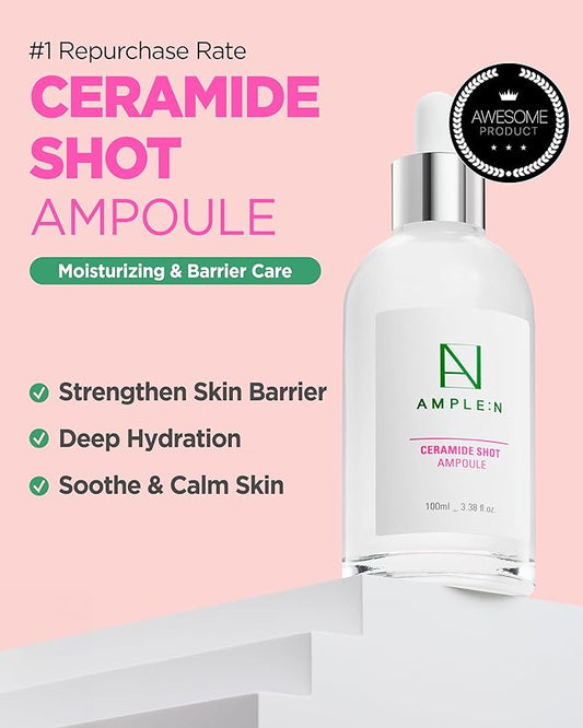 AMPLE:N Ceramide Shot Ampoule β Anti Aging and Hydrating Serum with Ceramide for Deep Moisturization β For Dry & Rough Skin to Reduces Wrinkles & Repairs Skin, 3.38 fl.oz.