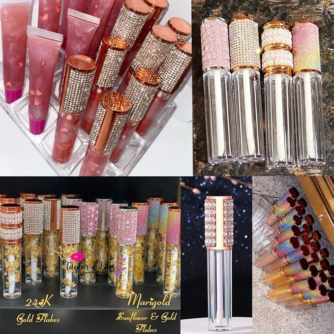 AMORIX 50PCS Lip Gloss Tubes with Wand 5ml Empty Lip Gloss Containers Lip Gloss Supplies Kit + 3pcs Syringes for DIY Lip Gloss Base, Full Pearl Diamond