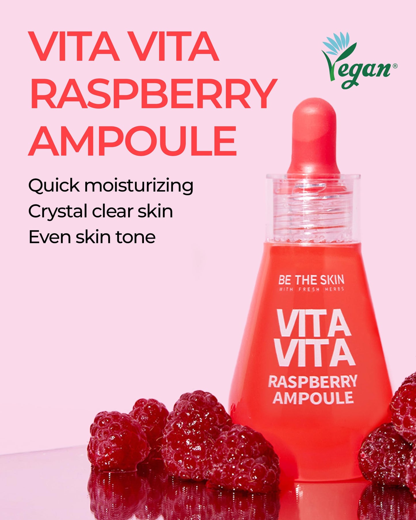 BE THE SKIN Vitavita Raspberry Ampoule - Radiance Boosting Face Serum for Even Skin Tone and Enhanced Elasticity with Niacinamide, Vitamin C, 11 Peptides, 1.01 fl.oz.