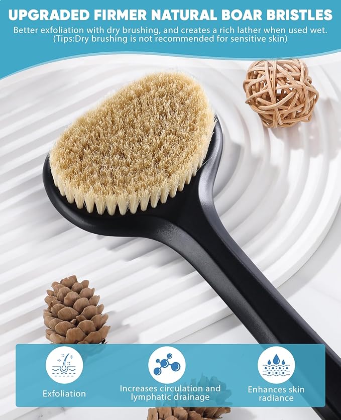 Back Scrubber for Shower with 17" Long Handle, Non-Slip Grip Dry Brushing Body Brush, Natural Boar Bristles Shower Brush for Lymphatic Drainage, Back Brush for Shower Men & Women – Boar Bristles