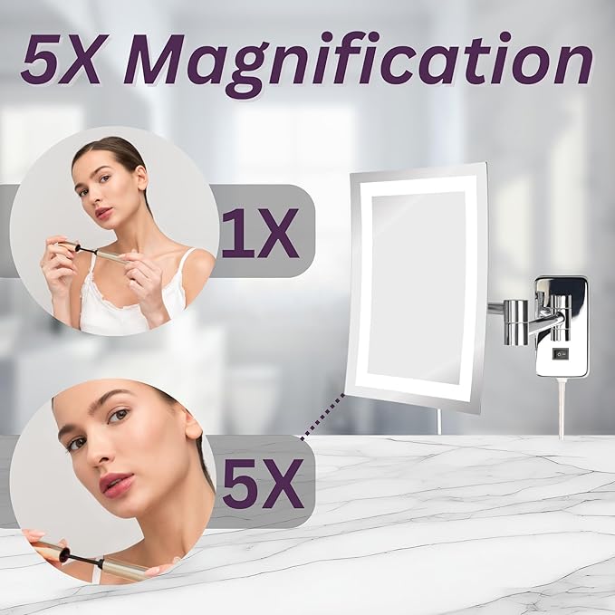 JERDON Wall Mount Makeup Mirror with 5X Magnification - 8.75” x 6.5” Rectangular Design Extends 15.5” from The Wall – Chrome Finish – Power Cord and Plug – Model JRT710CL