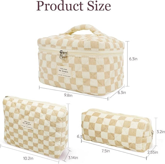 3Pcs Cotton Quilted Makeup Bag Set,Large Floral Cosmetic Bag,Aesthetic Toiletry Travel Makeup Bag Set and Cute Flower Bag for Women Girls (White Brown Plaid)