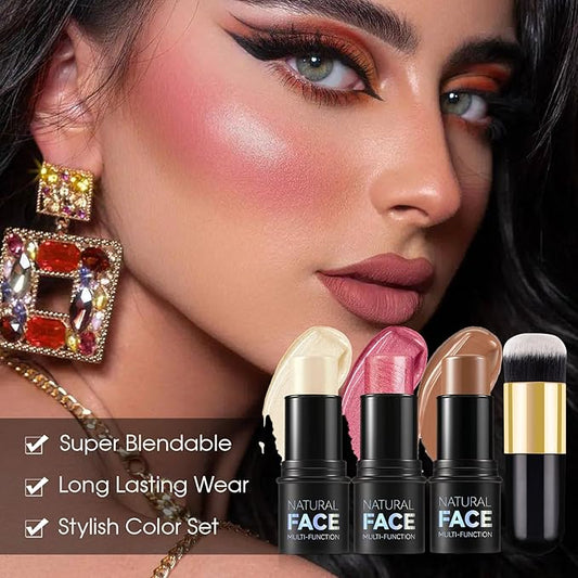 3Pcs Cream Contour Kit - Cream Blush, Highlighter, Contour Bronzer for Cheeks, Waterproof Long Lasting Blendable, Contour Stick Trio for Face Makeup (#01, 03, 04)