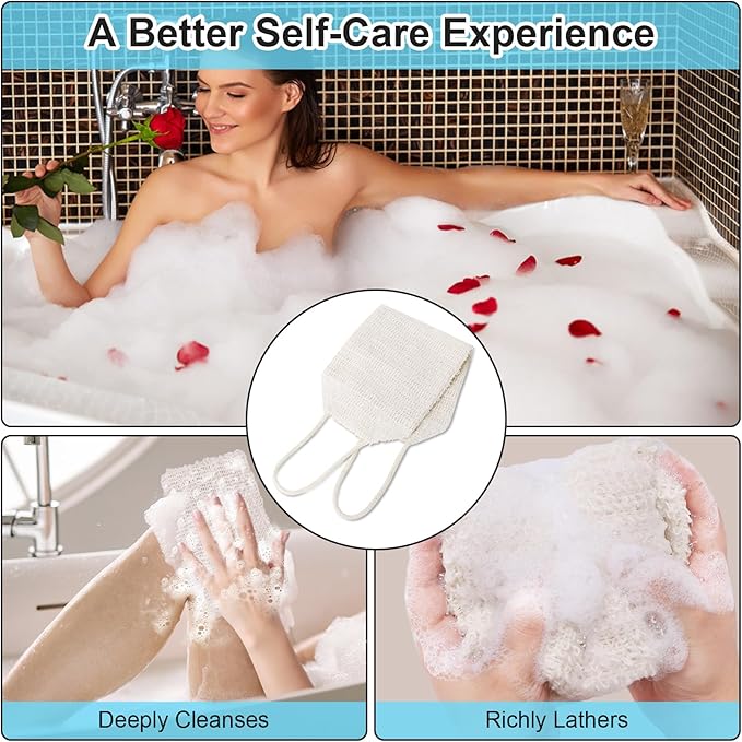 Sisal Exfoliating Washcloth Loofah Back Washer Scrubber for Men and Women, Thickness 0.2" Double Layer Double Sided Shower Scrub Bath Straps, Natural Hemp Net Sponge Exfoliating Towel with Handle