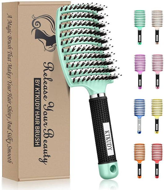 KTKUDY Detangling Brush Boar Bristles Hair Brush Make Hair Shiny & Healthier Curved and Vented Detangler Brush for Women Men Kids Wet and Dry Hair (Turquoise)