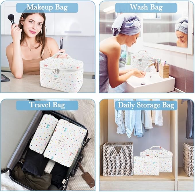 3Pcs Cotton Quilted Makeup Bag Set,Large Floral Cosmetic Bag,Aesthetic Toiletry Travel Makeup Bag Set and Cute Flower Bag for Women Girls (Apricot Colored Dot)