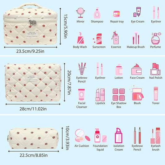3 Piece Strawberry Quilted Makeup Bag, Large Capacity Travel Cosmetic Bag for Women and Girls, Aesthetic Storage for Daily and Travel Use (3pcs-Strawberry)