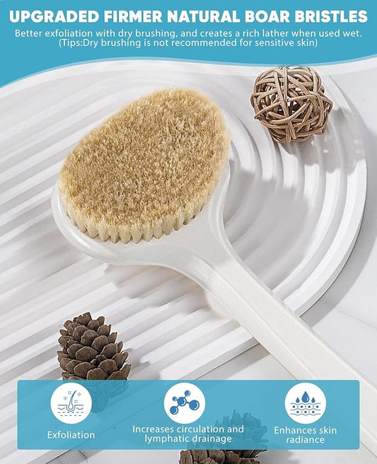 Back Scrubber for Shower with 17" Long Handle, Non-Slip Grip Dry Brushing Body Brush, Natural Boar Bristles Shower Brush for Lymphatic Drainage, for Men & Women Use - White with Blue Handle