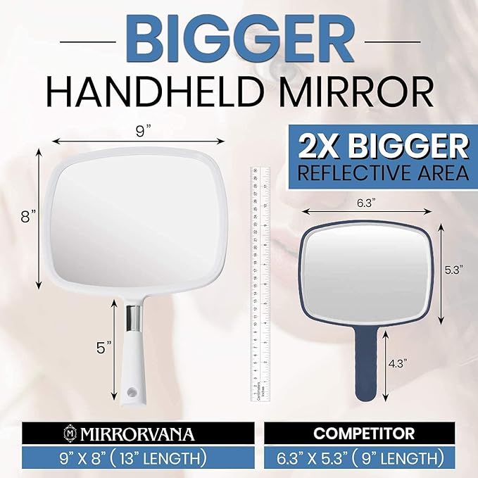MIRRORVANA® Large Hand Held Mirror with Comfy Handle for Women and Men - Personal Barber Haircut Mirror to See Back of Head - Espejo de Mano - 9" x 13" (White)