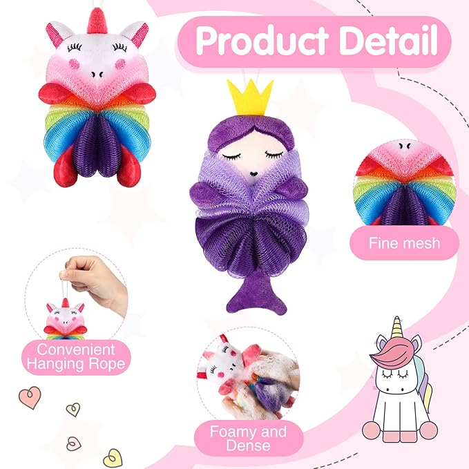 Nuenen 2 Pcs Bath Loofahs Kids Toddler Cute Cartoon Bath Sponges Loofah Pouf Body Scrubber Mesh Sponges for Children Shower Washing Exfoliating(Unicorn, Princess)