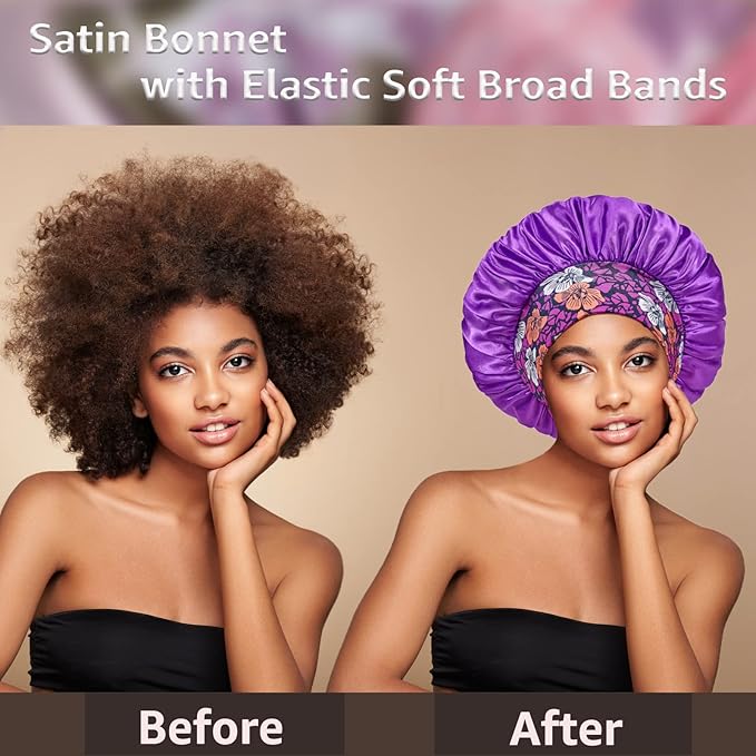 4 Pack Satin Bonnet Silk Bonnet for Sleeping Women, Hair Sleep Bonnets for Women, Wide Soft Band Sleep Cap for Curly Hair Braids
