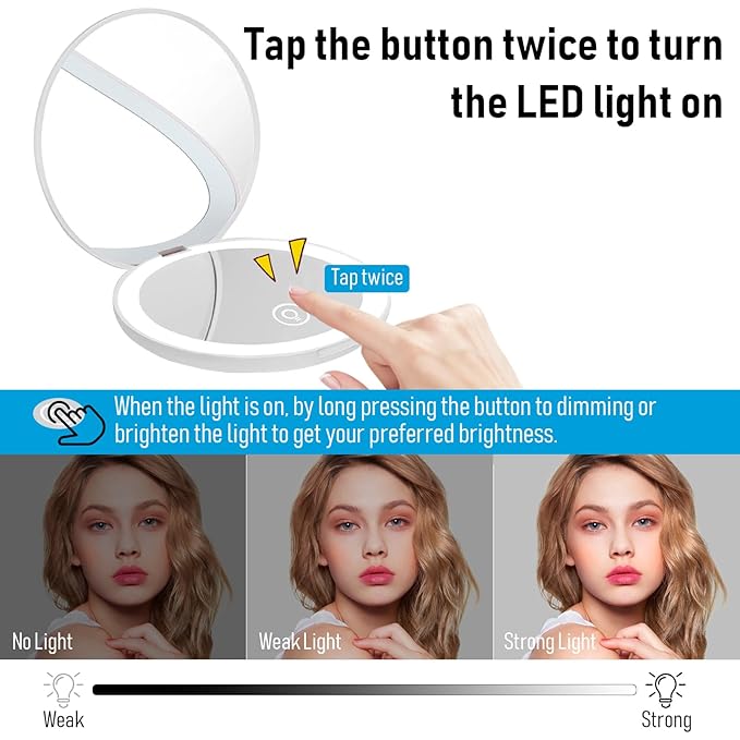 Compact Mirror with LED Light,1x/10x Magnifying Rechargeable Mirror,3.5in, Dimmable Travel Mirror for Purse,Pocket,Handheld 2-Sided Makeup Mirror