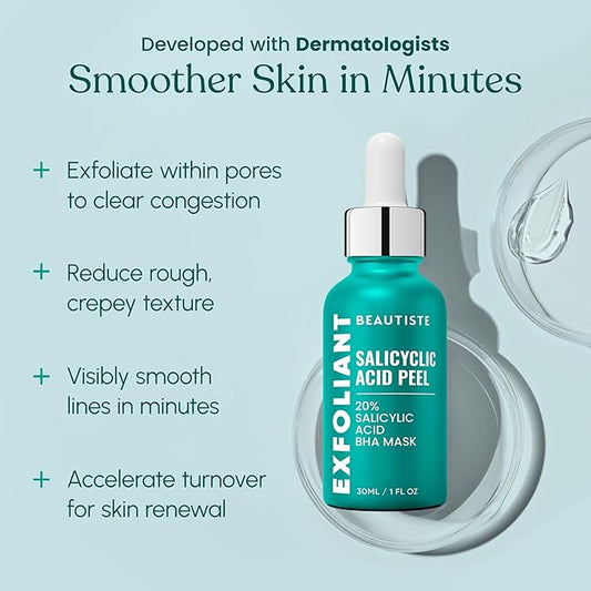 30 DAY MIRACLE BHA 20% Peeling Solution - Clinical Strength BHA Liquid Exfoliant for Clogged Pores, Wrinkles & Blackhead Remover - Salicylic Acid Serum & Chemical Exfoliant for Face Peel 1oz