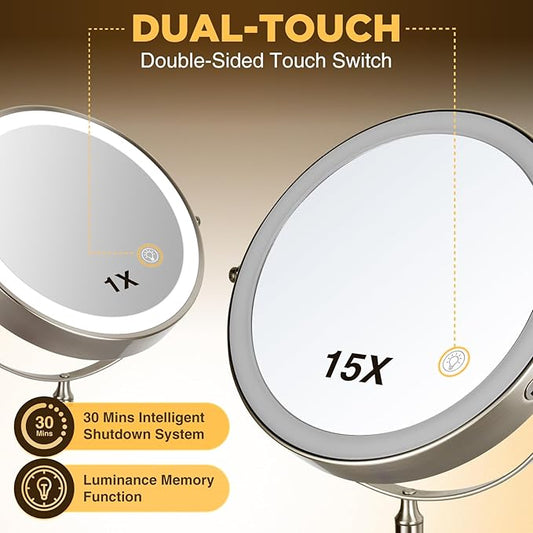 Magnifying Mirror with Lights 1x/15x: 8.5" Double Sided Wall Mounted Lighted Makeup Mirror for Bathroom, 3 Color Lights & 360Β°Swivel Vanity Mirror, Brushed Nickel