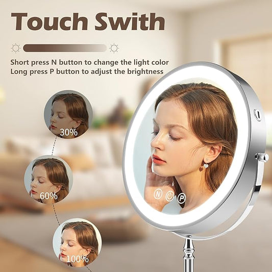9" Large Lighted Makeup Mirror, 1X/10X Magnifying Makeup Mirror with 3 Colors Dimmable Lightning, 80 LED Lights, 360°Rotation Double Sided Standing Vanity Mirror