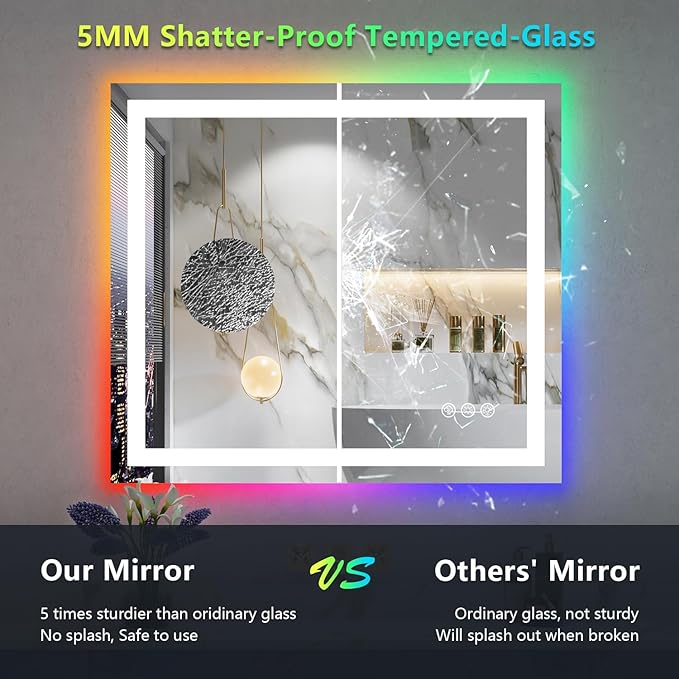 32x36 Inch RGB LED Bathroom Mirror Front Light and RGB Backlit Lighted Vanity Mirror for Bathroom Wall Mounted Dimmable Anti Fog Memory Shatter-Proof IP54 Waterproof Horizontal/Vertical