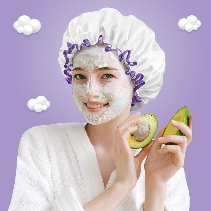 Aquior Shower Cap, Shower Cap for Women Reusable Waterproof, Large Bath Hair Cap for All Hair Lengths, Ladies, Men and Kids (White)